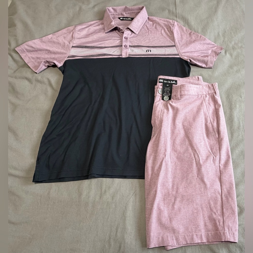 Travis Mathews Golf Combo Polo Shirt Size Large & Shorts Size 34 Pink & Black